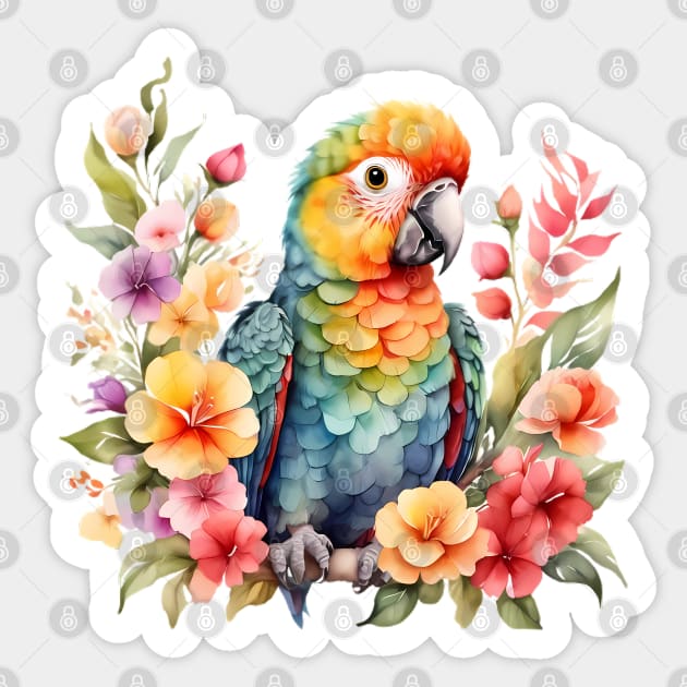 A parrot decorated with beautiful watercolor flowers Sticker by CreativeSparkzz